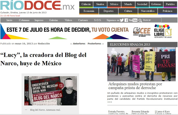 En la portada de RíoDoce, de Culiacán, la información sobre la huída de "Lucy", la cabeza del Blog del Narco.