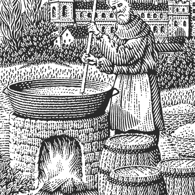 Monje del Medioevo produciendo cerveza.