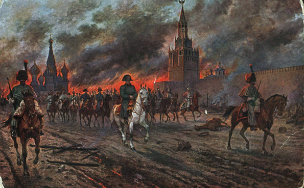 Napoleón se retira del incendio de Moscú.