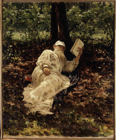 León Tolstói descansando y leyendo en el bosque. Pintura de Ilya Repin, 1891.