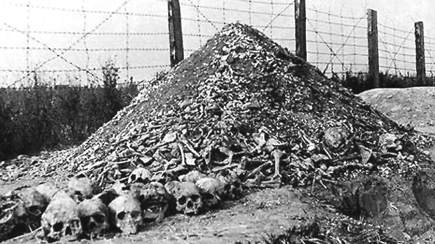 Una pila de restos humanos en el campo de concentración de Majdanek.