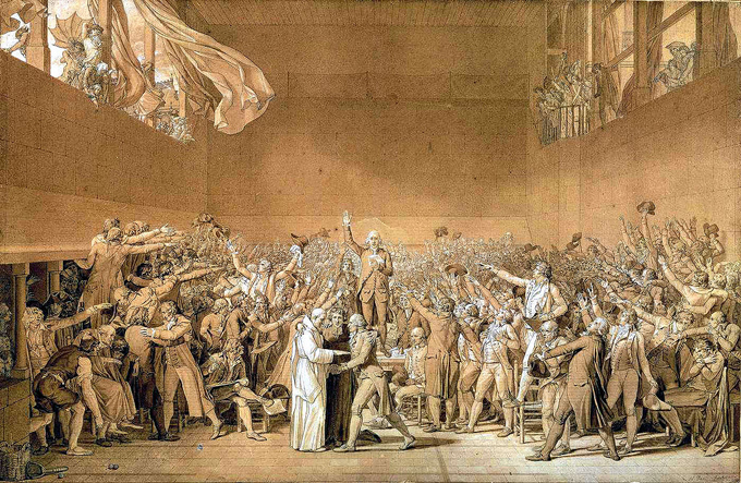 Asamblea Nacional de Francia, constituida por el pueblo llano durante el proceso de la Revolución Francesa de 1789. Los moderados y conservadores se colocaron a la derecha del presidente de la Asamblea, y los radicales y revolucionarios a la izquierda.