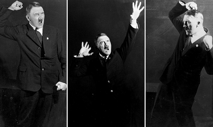 Hitler ensayando poses para sus discursos. Serie de Heinrich Hoffmann.