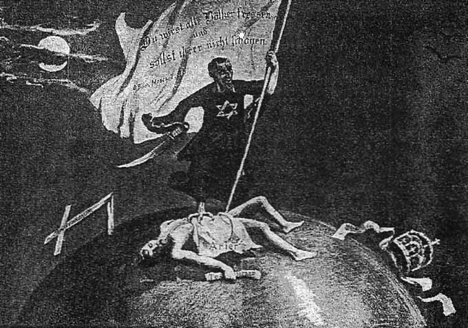 Propaganda alemana de los años veinte que representa al judío como diabólico dueño del mundo.