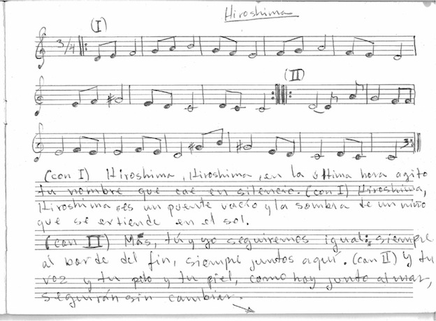 Fragmento de la partitura de "Hiroshima", escrita en la cárcel.