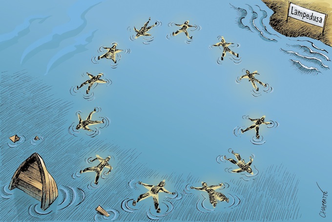 Migración mortal a Europa. Cartón de Chappaté, sobre la tragedia de Lampedusa.
