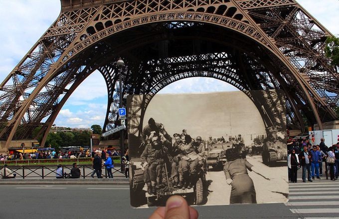 Fotografía de la ocupación alemana de París en 1940 sobre una foto actual. © Julien Knez.
